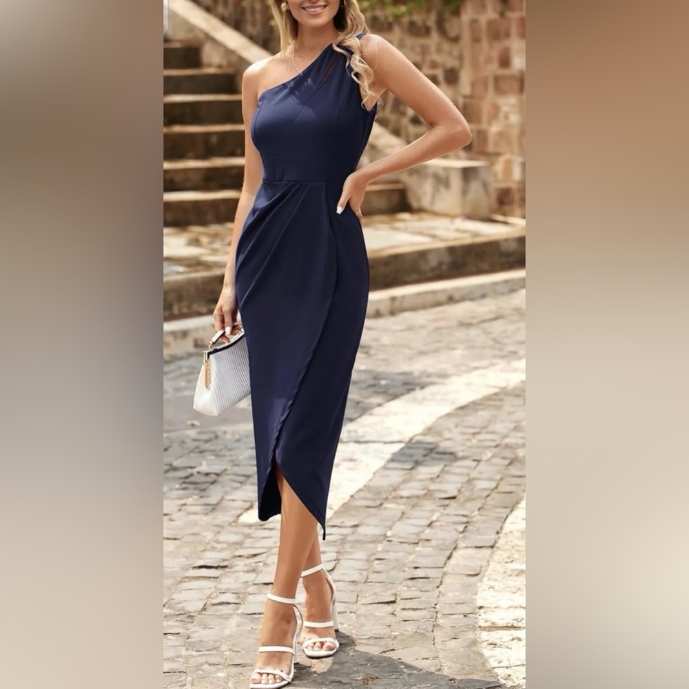 Pretty garden one shoulder dress- Navy